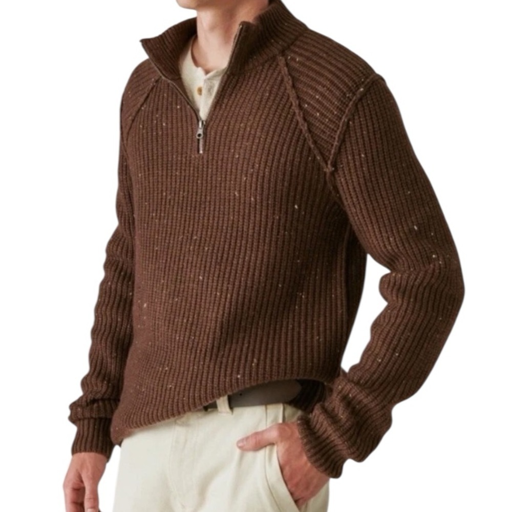 Lucky Brand Men's Tweed Mock Neck Zip Deep Brown Sweater SZ XXL